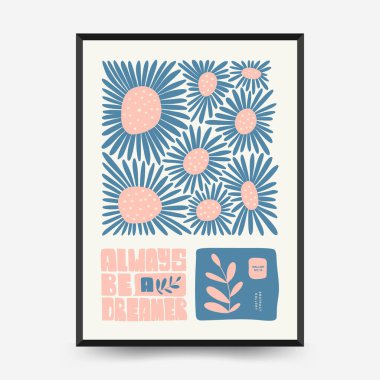Soyut çiçek posterleri şablonu. Modern trend Matisse minimal tarzı. Pembe ve mavi renkler. Duvar kağıdı, duvar dekoru, baskı, kartpostal, kapak, şablon, pankart için el çizimi tasarımı. 