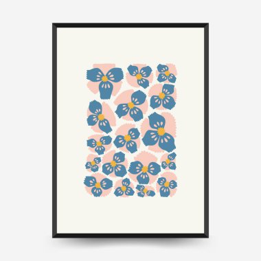 Soyut çiçek posterleri şablonu. Modern trend Matisse minimal tarzı. Pembe ve mavi renkler. Duvar kağıdı, duvar dekoru, baskı, kartpostal, kapak, şablon, pankart için el çizimi tasarımı. 