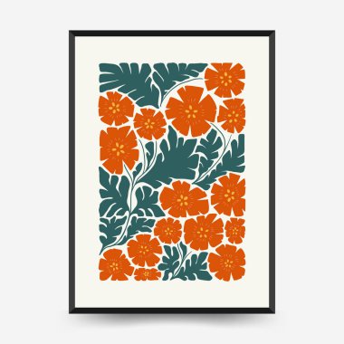 Soyut çiçek posterleri şablonu. Modern trend Matisse minimal tarzı. Pembe ve mavi renkler. Duvar kağıdı, duvar dekoru, baskı, kartpostal, kapak, şablon, pankart için el çizimi tasarımı. 