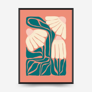 Soyut çiçek posterleri şablonu. Modern trend Matisse minimal tarzı. Pembe ve mavi renkler. Duvar kağıdı, duvar dekoru, baskı, kartpostal, kapak, şablon, pankart için el çizimi tasarımı. 