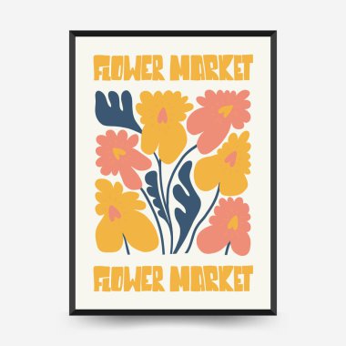 Soyut çiçek posterleri şablonu. Modern trend Matisse minimal tarzı. Pembe ve mavi renkler. Duvar kağıdı, duvar dekoru, baskı, kartpostal, kapak, şablon, pankart için el çizimi tasarımı. 