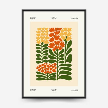 Soyut çiçek posterleri şablonu. Modern trend Matisse minimal tarzı. Pembe ve mavi renkler. Duvar kağıdı, duvar dekoru, baskı, kartpostal, kapak, şablon, pankart için el çizimi tasarımı. 