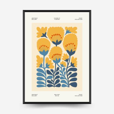 Soyut çiçek posterleri şablonu. Modern trend Matisse minimal tarzı. Pembe ve mavi renkler. Duvar kağıdı, duvar dekoru, baskı, kartpostal, kapak, şablon, pankart için el çizimi tasarımı. 