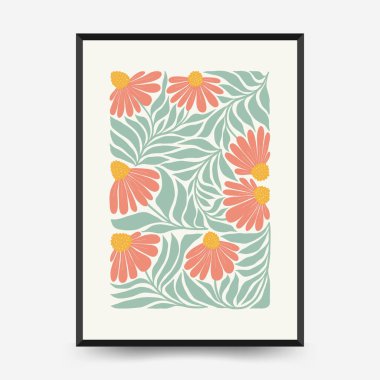 Soyut çiçek posterleri şablonu. Modern trend Matisse minimal tarzı. Pembe ve mavi renkler. Duvar kağıdı, duvar dekoru, baskı, kartpostal, kapak, şablon, pankart için el çizimi tasarımı. 