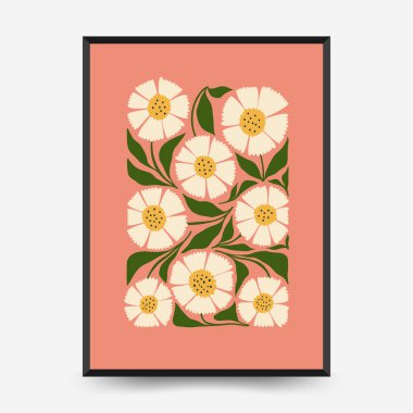 Soyut çiçek posterleri şablonu. Modern trend Matisse minimal tarzı. Pembe ve mavi renkler. Duvar kağıdı, duvar dekoru, baskı, kartpostal, kapak, şablon, pankart için el çizimi tasarımı. 