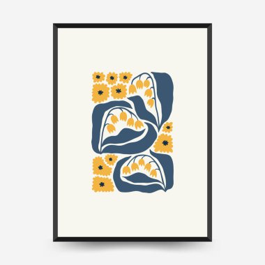 Soyut çiçek posterleri şablonu. Modern trend Matisse minimal tarzı. Pembe ve mavi renkler. Duvar kağıdı, duvar dekoru, baskı, kartpostal, kapak, şablon, pankart için el çizimi tasarımı. 