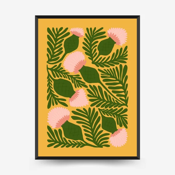 Soyut çiçek posterleri şablonu. Modern trend Matisse minimal tarzı. Pembe ve mavi renkler. Duvar kağıdı, duvar dekoru, baskı, kartpostal, kapak, şablon, pankart için el çizimi tasarımı. 