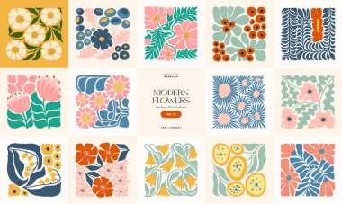 Çiçek soyut elementler. Botanik kompozisyonu. Modern trend Matisse minimal tarzı. Çiçek posteri, davet. Tebrik kartı veya davet tasarımı için vektör düzenlemeleri