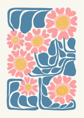 Çiçek soyut elementler. Botanik kompozisyonu. Modern trend Matisse minimal tarzı. Çiçek posteri, davet. Tebrik kartı veya davet tasarımı için vektör düzenlemeleri