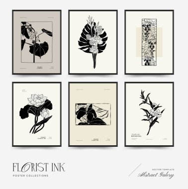 Abstract floral posters template. Modern Botanical trendy black style. Vintage flowers. Ink wall  art.