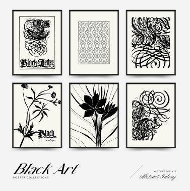 Abstract floral posters template. Modern Botanical trendy black style. Vintage flowers. Ink wall  art.