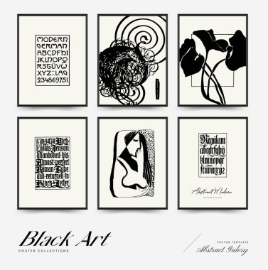 Abstract floral posters template. Modern Botanical trendy black style. Vintage flowers. Ink wall  art.