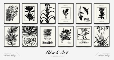 Abstract floral posters template. Modern Botanical trendy black style. Vintage flowers. Ink wall  art.