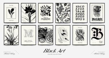 Abstract floral posters template. Modern Botanical trendy black style. Vintage flowers. Ink wall  art.