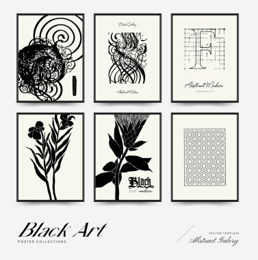 Abstract floral posters template. Modern Botanical trendy black style. Vintage flowers. Ink wall  art.