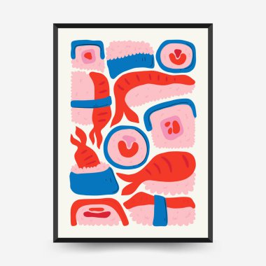 Soyut gıda posterleri şablonu. Modern trend Matisse minimal tarzı. Mutfak ve restoran dekorasyonu. Duvar kağıdı, duvar dekoru, baskı, kartpostal, kapak, şablon, pankart için el çizimi tasarımı.