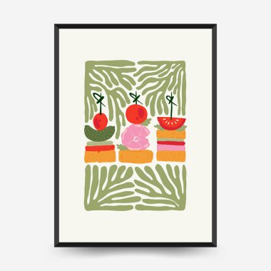 Soyut gıda posterleri şablonu. Modern trend Matisse minimal tarzı. Mutfak ve restoran dekorasyonu. Duvar kağıdı, duvar dekoru, baskı, kartpostal, kapak, şablon, pankart için el çizimi tasarımı.