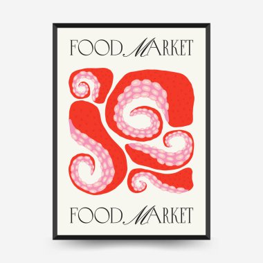 Soyut gıda posterleri şablonu. Modern trend Matisse minimal tarzı. Mutfak ve restoran dekorasyonu. Duvar kağıdı, duvar dekoru, baskı, kartpostal, kapak, şablon, pankart için el çizimi tasarımı.
