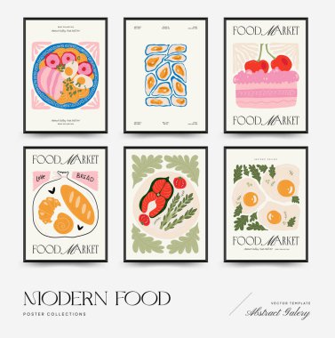 Soyut gıda posterleri şablonu. Modern trend Matisse minimal tarzı. Mutfak ve restoran dekorasyonu. Duvar kağıdı, duvar dekoru, baskı, kartpostal, kapak, şablon, pankart için el çizimi tasarımı.