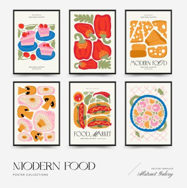 Soyut gıda posterleri şablonu. Modern trend Matisse minimal tarzı. Mutfak ve restoran dekorasyonu. Duvar kağıdı, duvar dekoru, baskı, kartpostal, kapak, şablon, pankart için el çizimi tasarımı.
