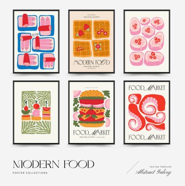 Soyut gıda posterleri şablonu. Modern trend Matisse minimal tarzı. Mutfak ve restoran dekorasyonu. Duvar kağıdı, duvar dekoru, baskı, kartpostal, kapak, şablon, pankart için el çizimi tasarımı.