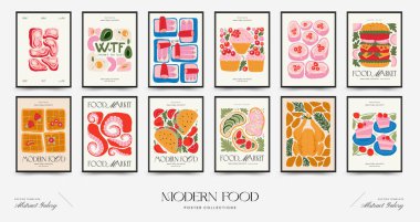 Soyut gıda posterleri şablonu. Modern trend Matisse minimal tarzı. Mutfak ve restoran dekorasyonu. Duvar kağıdı, duvar dekoru, baskı, kartpostal, kapak, şablon, pankart için el çizimi tasarımı.