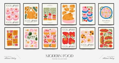 Soyut gıda posterleri şablonu. Modern trend Matisse minimal tarzı. Mutfak ve restoran dekorasyonu. Duvar kağıdı, duvar dekoru, baskı, kartpostal, kapak, şablon, pankart için el çizimi tasarımı.