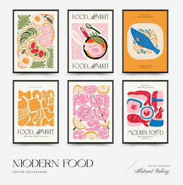 Soyut gıda posterleri şablonu. Modern trend Matisse minimal tarzı. Mutfak ve restoran dekorasyonu. Duvar kağıdı, duvar dekoru, baskı, kartpostal, kapak, şablon, pankart için el çizimi tasarımı.