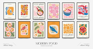 Soyut gıda posterleri şablonu. Modern trend Matisse minimal tarzı. Mutfak ve restoran dekorasyonu. Duvar kağıdı, duvar dekoru, baskı, kartpostal, kapak, şablon, pankart için el çizimi tasarımı.