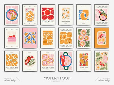 Soyut gıda posterleri şablonu. Modern trend Matisse minimal tarzı. Mutfak ve restoran dekorasyonu. Duvar kağıdı, duvar dekoru, baskı, kartpostal, kapak, şablon, pankart için el çizimi tasarımı.