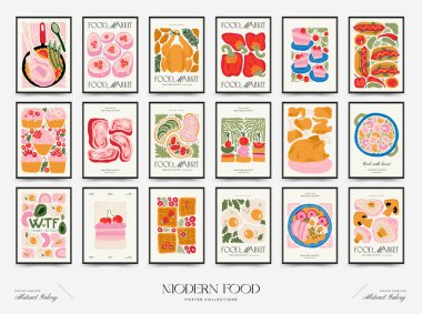 Soyut gıda posterleri şablonu. Modern trend Matisse minimal tarzı. Mutfak ve restoran dekorasyonu. Duvar kağıdı, duvar dekoru, baskı, kartpostal, kapak, şablon, pankart için el çizimi tasarımı.