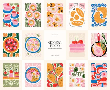 Gıda soyut elementleri. Yiyecek ve sağlıklı kompozisyon. Modern trend Matisse minimal tarzı. Restoran ve mutfak afişi, davet. Tebrik kartı veya davet tasarımı için vektör düzenlemeleri