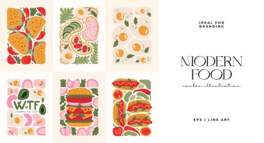 Gıda soyut elementleri. Yiyecek ve sağlıklı kompozisyon. Modern trend Matisse minimal tarzı. Restoran ve mutfak afişi, davet. Tebrik kartı veya davet tasarımı için vektör düzenlemeleri