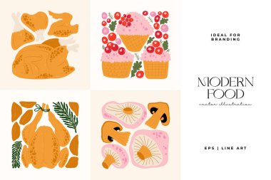 Gıda soyut elementleri. Yiyecek ve sağlıklı kompozisyon. Modern trend Matisse minimal tarzı. Restoran ve mutfak afişi, davet. Tebrik kartı veya davet tasarımı için vektör düzenlemeleri