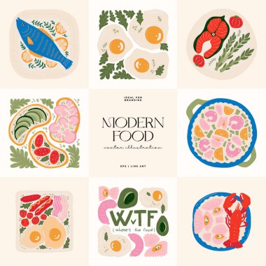 Gıda soyut elementleri. Yiyecek ve sağlıklı kompozisyon. Modern trend Matisse minimal tarzı. Restoran ve mutfak afişi, davet. Tebrik kartı veya davet tasarımı için vektör düzenlemeleri