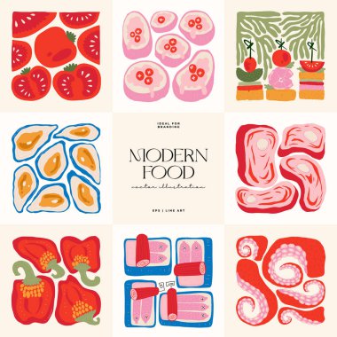 Gıda soyut elementleri. Yiyecek ve sağlıklı kompozisyon. Modern trend Matisse minimal tarzı. Restoran ve mutfak afişi, davet. Tebrik kartı veya davet tasarımı için vektör düzenlemeleri