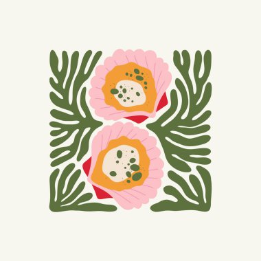 Gıda soyut elementleri. Yiyecek ve sağlıklı kompozisyon. Modern trend Matisse minimal tarzı. Restoran ve mutfak afişi, davet. Tebrik kartı veya davet tasarımı için vektör düzenlemeleri