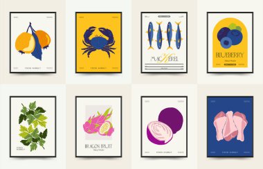 Soyut gıda posterleri şablonu. Modern trend Matisse minimal tarzı. Mutfak ve restoran dekorasyonu. Duvar kağıdı, duvar dekoru, baskı, kartpostal, kapak, şablon, pankart için el çizimi tasarımı.
