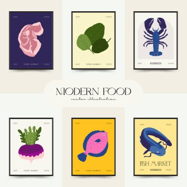 Soyut gıda posterleri şablonu. Modern trend Matisse minimal tarzı. Mutfak ve restoran dekorasyonu. Duvar kağıdı, duvar dekoru, baskı, kartpostal, kapak, şablon, pankart için el çizimi tasarımı.