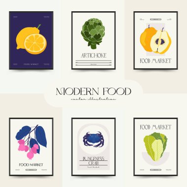 Soyut gıda posterleri şablonu. Modern trend Matisse minimal tarzı. Mutfak ve restoran dekorasyonu. Duvar kağıdı, duvar dekoru, baskı, kartpostal, kapak, şablon, pankart için el çizimi tasarımı.