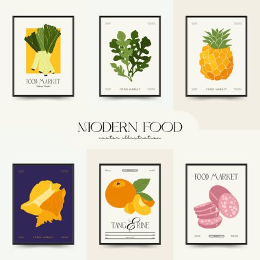 Soyut gıda posterleri şablonu. Modern trend Matisse minimal tarzı. Mutfak ve restoran dekorasyonu. Duvar kağıdı, duvar dekoru, baskı, kartpostal, kapak, şablon, pankart için el çizimi tasarımı.