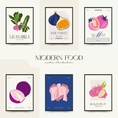 Soyut gıda posterleri şablonu. Modern trend Matisse minimal tarzı. Mutfak ve restoran dekorasyonu. Duvar kağıdı, duvar dekoru, baskı, kartpostal, kapak, şablon, pankart için el çizimi tasarımı.