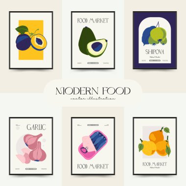 Soyut gıda posterleri şablonu. Modern trend Matisse minimal tarzı. Mutfak ve restoran dekorasyonu. Duvar kağıdı, duvar dekoru, baskı, kartpostal, kapak, şablon, pankart için el çizimi tasarımı.