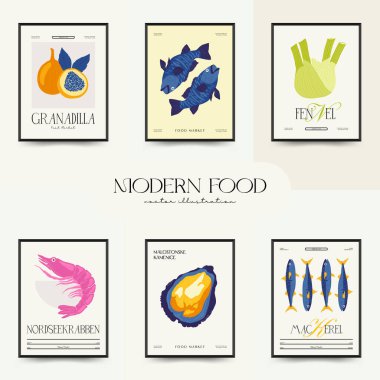 Soyut gıda posterleri şablonu. Modern trend Matisse minimal tarzı. Mutfak ve restoran dekorasyonu. Duvar kağıdı, duvar dekoru, baskı, kartpostal, kapak, şablon, pankart için el çizimi tasarımı.