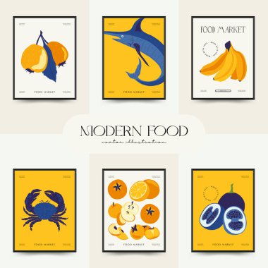 Soyut gıda posterleri şablonu. Modern trend Matisse minimal tarzı. Mutfak ve restoran dekorasyonu. Duvar kağıdı, duvar dekoru, baskı, kartpostal, kapak, şablon, pankart için el çizimi tasarımı.