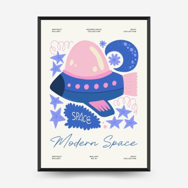 Soyut uzay ve evren posterleri şablonu. Modern trend Matisse minimal tarzı. Astronomi ve Yıldız Dekoru. Duvar kağıdı, duvar dekoru, baskı, kartpostal, kapak, şablon, pankart için el çizimi tasarımı