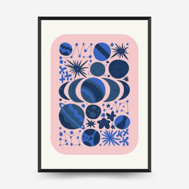 Soyut uzay ve evren posterleri şablonu. Modern trend Matisse minimal tarzı. Astronomi ve Yıldız Dekoru. Duvar kağıdı, duvar dekoru, baskı, kartpostal, kapak, şablon, pankart için el çizimi tasarımı