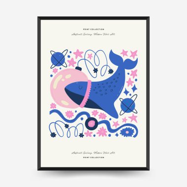 Soyut uzay ve evren posterleri şablonu. Modern trend Matisse minimal tarzı. Astronomi ve Yıldız Dekoru. Duvar kağıdı, duvar dekoru, baskı, kartpostal, kapak, şablon, pankart için el çizimi tasarımı