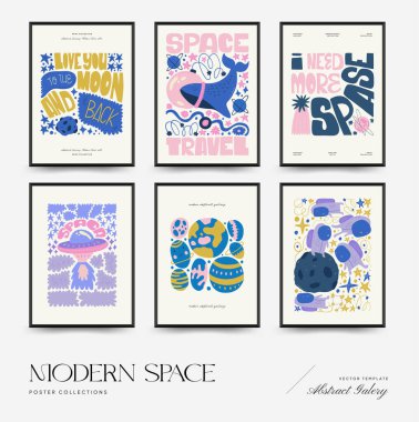 Soyut uzay ve evren posterleri şablonu. Modern trend Matisse minimal tarzı. Astronomi ve Yıldız Dekoru. Duvar kağıdı, duvar dekoru, baskı, kartpostal, kapak, şablon, pankart için el çizimi tasarımı