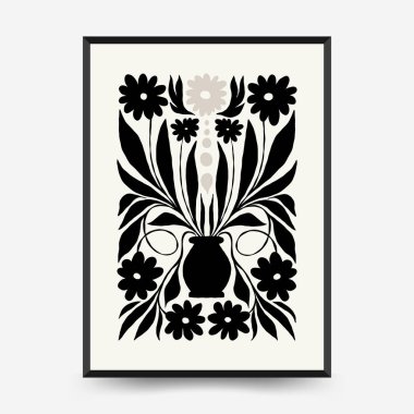 Soyut koyu renkli çiçek posteri şablonu. Modern trend Matisse minimal tarzı. Siyah ve beyaz renkler. Duvar kağıdı, duvar dekoru, baskı, kartpostal, kapak, şablon, pankart için el çizimi tasarımı. 